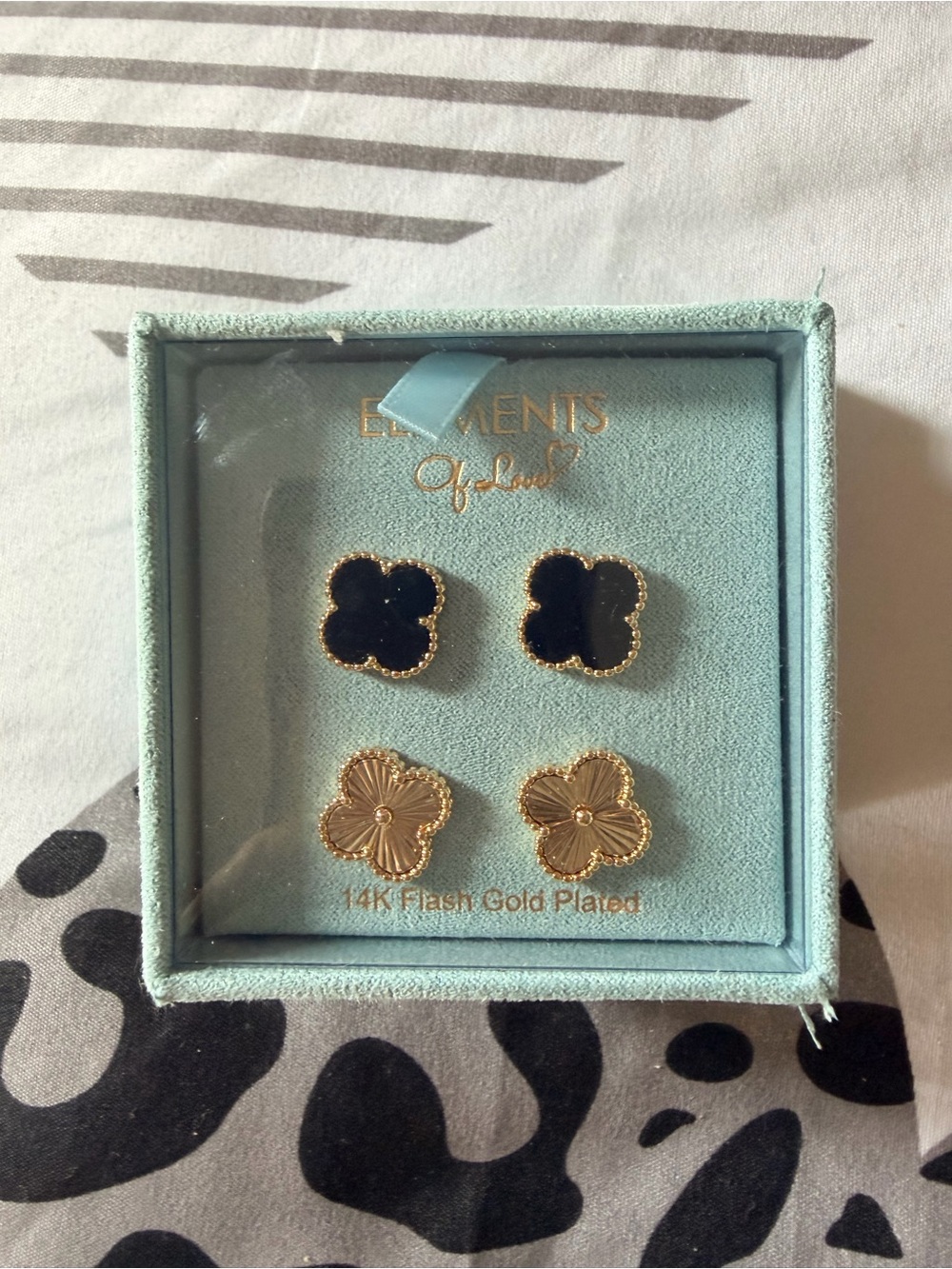 14K Gold Plated Black and Gold Clover Stud Earring Set